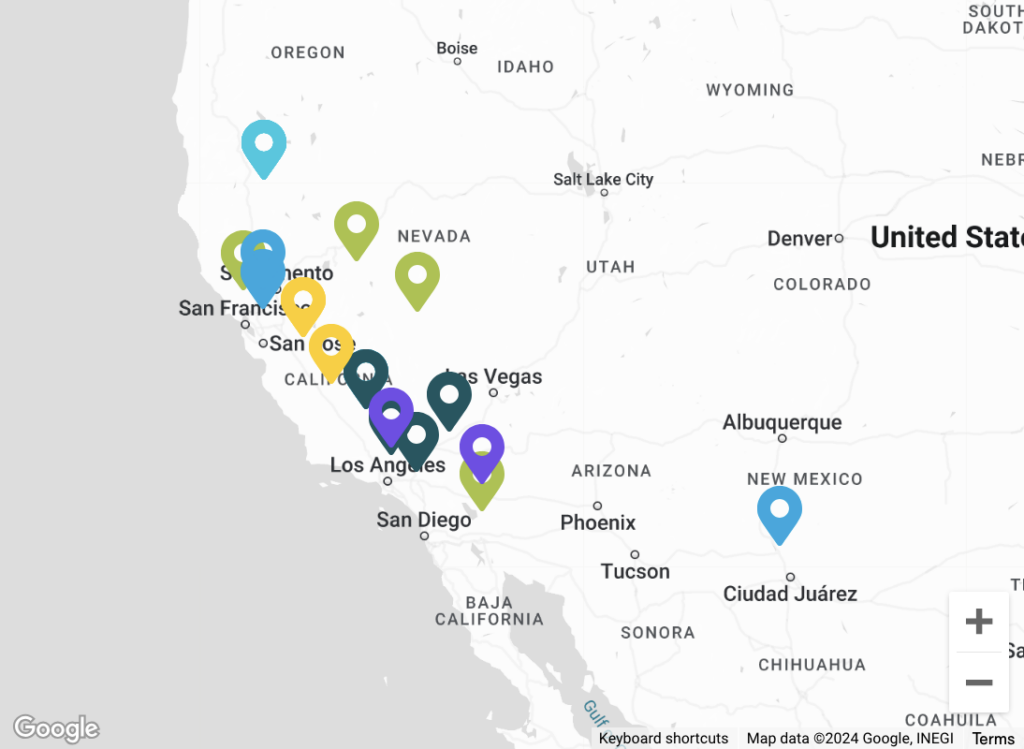 Map showcasing clean energy projects across the Western United States, including wind, solar, hydro, and geothermal locations.