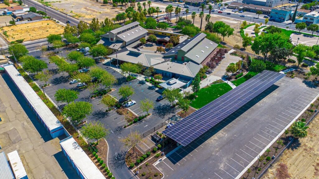 Aerial view of the parking lot of the Los Banos Community Center where solar panels have been installed